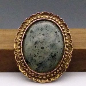 Vintage Blue Dalmatian Jasper Stone Brooch in Gold Tone Frame